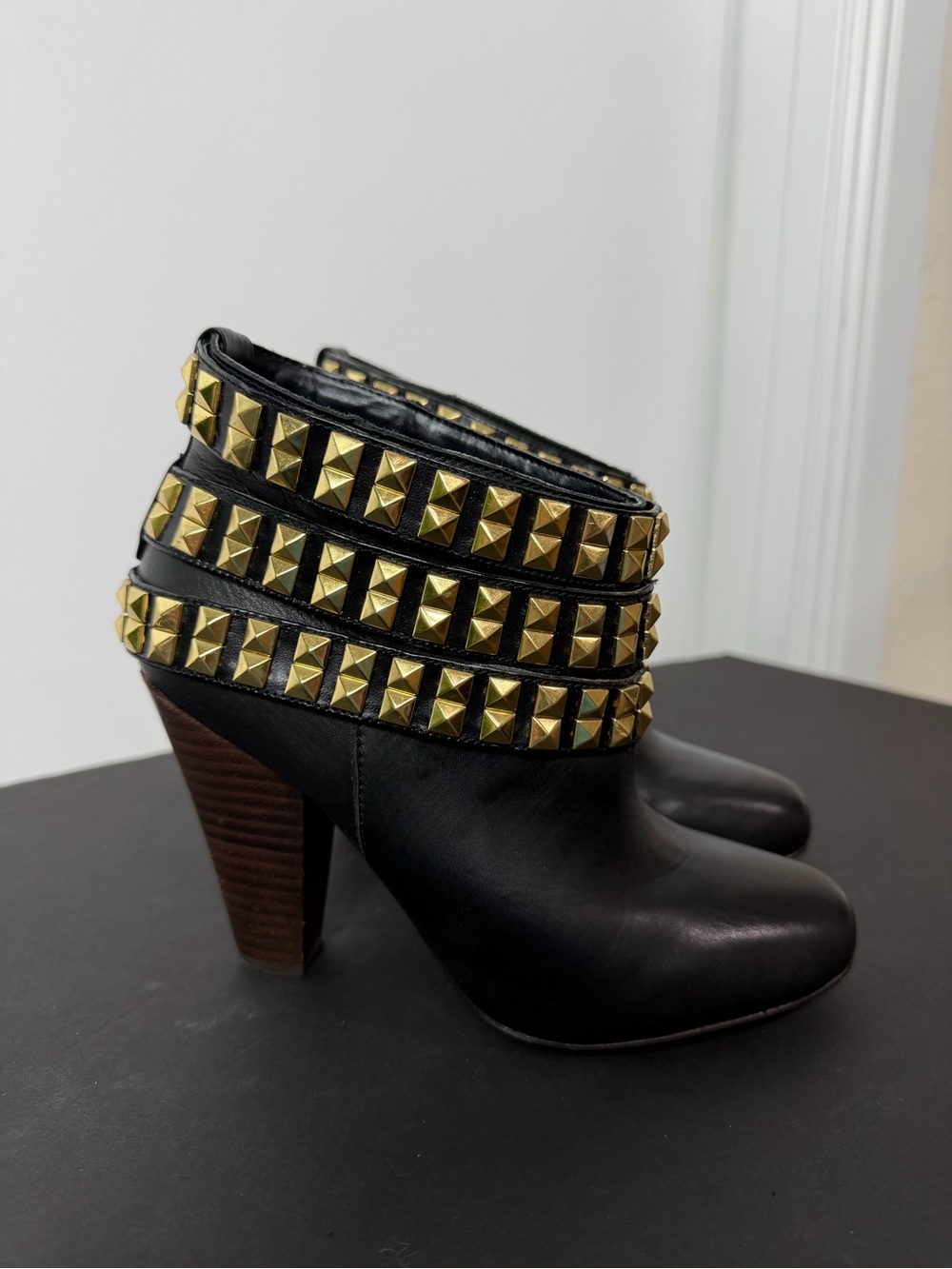 Betsey Johnson Black Ankle Booties with Gold Pyramid Stud Straps
